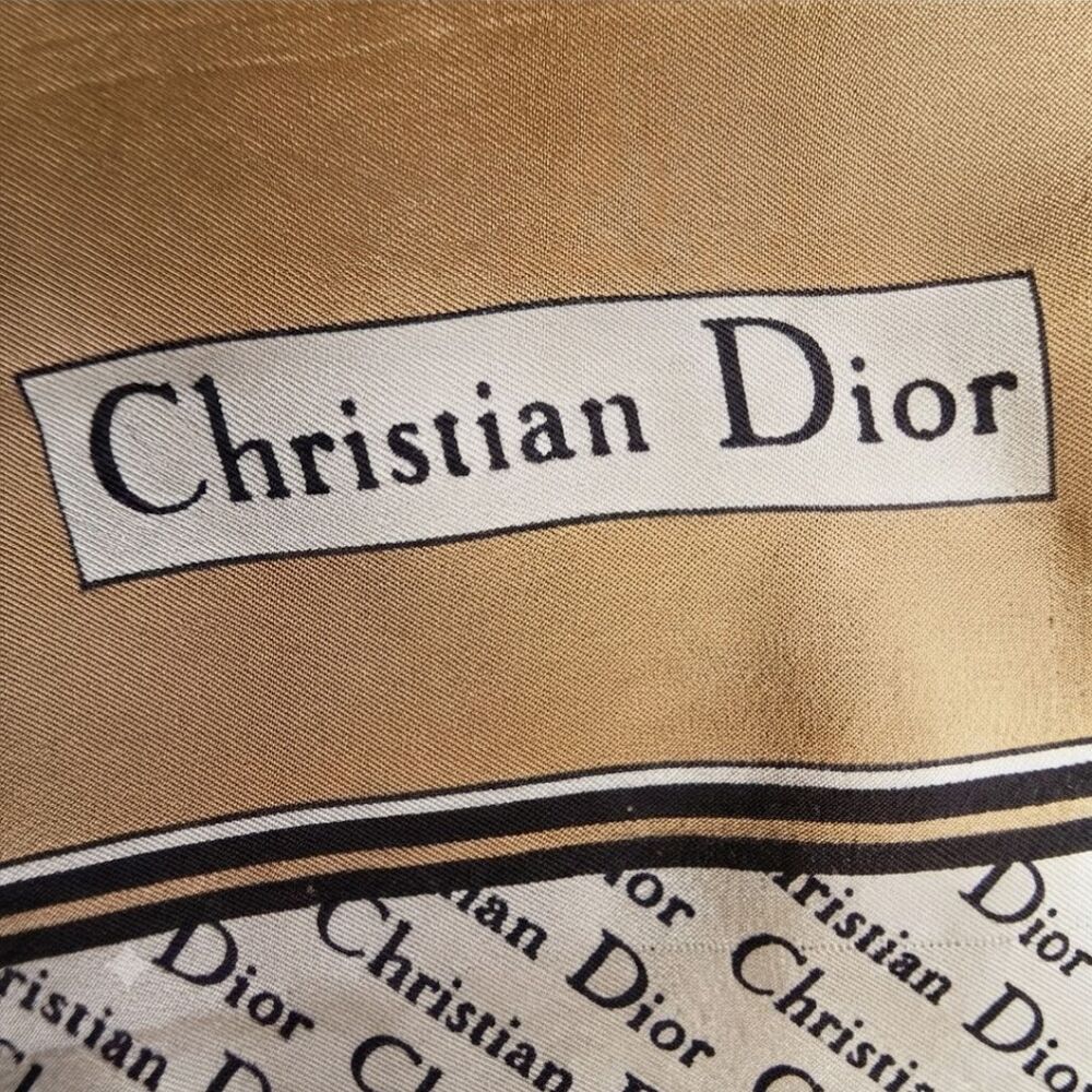 Vintage Christian Dior 100% Silk Scarf Monogram Logo Square Beige Black - Picture 5 of 10